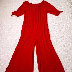 Ralph Lauren Jumpsuit Red Knit Off Shoulder Tie Short Sleeve Wide Leg XL Women